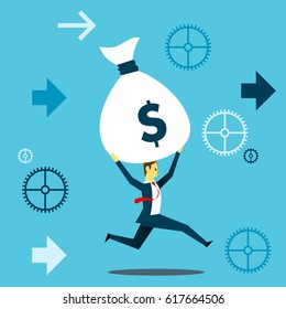 Bring something. Businessman running fun while lifting a sack of money payday. Concept business vector illustration.