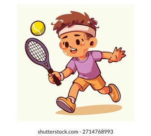 Dê vida ao ambiente esportivo com esta ilustração em quadrinhos de um garoto jogando tênis, bem a tempo do próximo Aberto da Austrália.