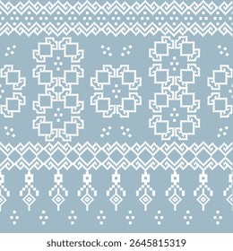 Bring timeless beauty into your creative projects with this elegant pixel floral seamless pattern, inspired by traditional Thai embroidery and cross-stitch textile designs. Soft blue.