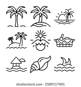 Bring a tropical vibe to your designs with this Tropical Vacation Outline Icons set, featuring sun, sea, and relaxation symbols. Perfect for travel websites, summer promotions, and holiday graphics.