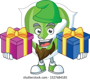 Bring two gifts checkmark shield character on white background.