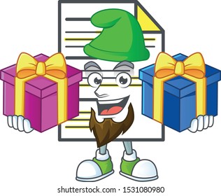 Bring two gifts document cartoon mascot on white background