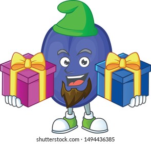 Bring two gifts fruits prune character on white background