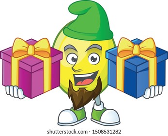 Bring two gifts gomortega fruit cartoon character mascot style.