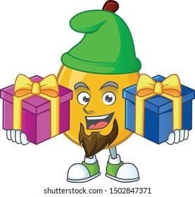 Bring two gifts loquat tropical fruit in cartoon mascot style