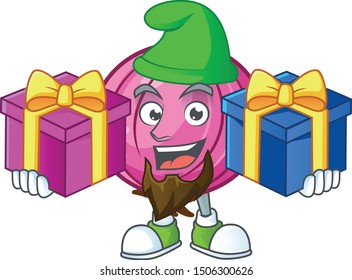 Bring two gifts raw red onion cartoon on white background