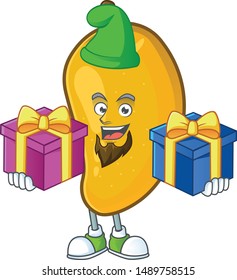 Bring two gifts ripe mango character cartoon on white background