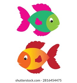 Bring a vibrant underwater touch to your creative projects with this cute set of colorful cartoon fish vector illustrations. The graphic features two friendly aquatic characters isolated on a clean white background: a top fish with a bright green and lime face paired with bold pink fins, and a bottom fish styled in a warm orange gradient with dark red accents. Perfectly optimized for children's books, school classroom decorations, baby nursery prints, aquarium branding, and playful digital sticker layouts.#CartoonFish #VectorIllustration #CuteSeaCreatures #OceanLife #KidsGraphics #ColorfulClipart #MarineAnimals #DigitalDesign #PlayfulArt