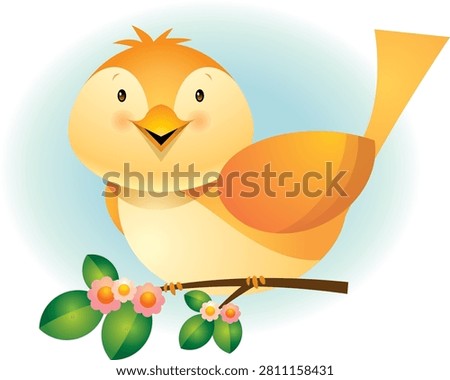 Bring warmth, happiness, and the beauty of spring into your creative projects with this delightful Cute Yellow Singing Bird vector illustration. Featuring an adorable cartoon songbird perched gracefully on a flowering tree branch, this premium artwork combines cheerful colors, expressive character design, blooming blossoms, and fresh foliage to create a charming seasonal composition suitable for countless commercial and editorial applications. Designed in a playful modern vector style, the illustration is perfect for children's books, nursery decorations, greeting cards, educational materials, nature-themed branding, spring promotions, social media graphics, invitations, classroom resources, magazines, blogs, posters, calendars, printable decorations, wallpapers, digital publishing, and professional marketing campaigns.

The main subject showcases a plump yellow and orange songbird illustrated with an irresistible personality. Large sparkling eyes, rosy cheeks, tiny wings, soft feather details, and an open beak give the impression that the little bird is joyfully singing a beautiful melody. Its friendly facial expression communicates happiness, innocence, optimism, and peaceful outdoor living, making the artwork especially appealing for family audiences, educational projects, children's activities, and seasonal celebrations.

The cheerful bird rests comfortably upon a slender brown tree branch decorated with vibrant green leaves and delicate pink blossoms. These botanical details introduce freshness, growth, renewal, and natural beauty while emphasizing the arrival of springtime. The flowering branch creates an elegant balance throughout the composition and enhances storytelling possibilities related to gardens, forests, parks, wildlife, blooming landscapes, environmental awareness, birdwatching, outdoor exploration, and peaceful countryside scenes.

A beautifully blended circular background transitions softly from pale blue into refreshing green, suggesting clear skies, fresh air, sunny mornings.