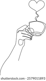 Bring warmth to your space with this elegant one-line drawing of a hand holding a coffee cup with heart-shaped steam. Perfect for coffee lovers, this minimalist artwork is ideal for kitchen or café 