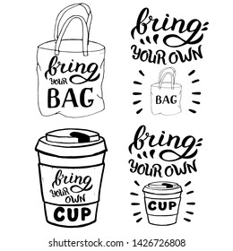 Bring your bag and cup typography set template. Zero waste concept. Modern banner for shops advertisement. Vector eps 10 format.