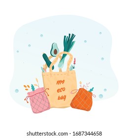 Bring your own bag concept. Fabric bag as a lifestyle element for people who care about ecology. Eco textile bag for groccery and goods. Isolated vector illustration in cartoon style