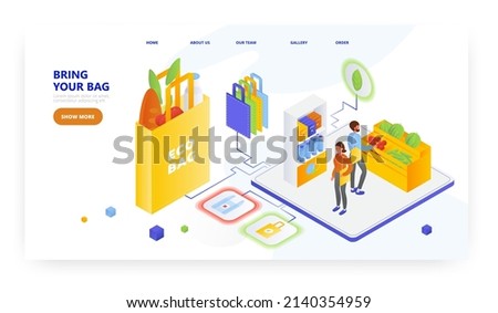 Bring your own bag, landing page design, website banner vector template. People shopping with eco plastic free bags.