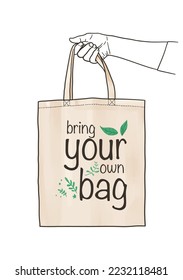 Bring your own bag poster. Zero waste vector illustration with hand holding reusable bags. Motivation quote.