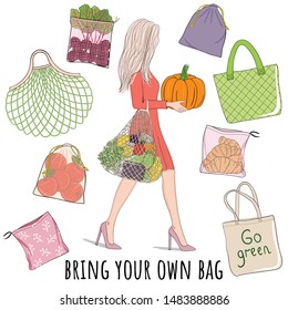 Bring your own bag. Set of shopping, tote, grocery, net, produce bags and sack with vegetables and fruits. Girl with pumpkin. Go green. Zero waste. No plastic. Hand drawn vector illustration.