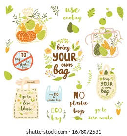 Bring your own bag set Shopping net full of food. Zero waste concept. No plastic collection Hand drawn vector