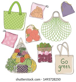 Bring your own bag. Shopping net full of vegetables, fruits, jars with beans. Let's save the planet and ecology. Go green. Eco life. Zero waste. No plastic. Hand drawn vector illustration.