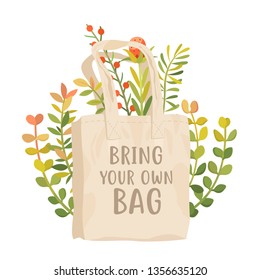 Bring your own bag vector poster. Use reusable cotton bag. Less plastic concept