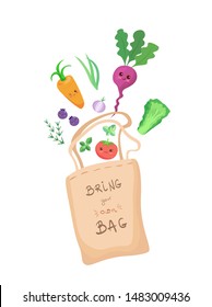 Bring your own bag vector illustration of cloth bag with hand drawing lettering in cute style. Kawaii fruits and vegetables in textile bag as no plastic bags concept. Ban plastic, be eco-conscious.