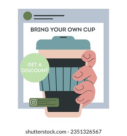 Bring your own cup. Green marketing. Corporate social responsibility, CSR. Company using sustainable practices for promotion. Business' responsibility on environment. Flat vector illustration