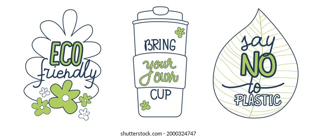 Bring your own cup. Say no to plastic. Ecology friendly shopping. Coffee takeaway, zero waste concept. Stickers, icons, save planet pictures. Eco living, smart consumption symbols