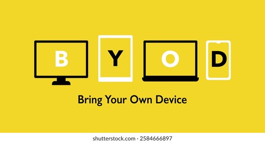 Bring Your Own Device Cloud Computing Banner. BYOD text on different devices on yellow background.