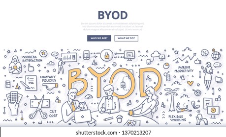 Bring your own device concept. BYOD. Employees using personal devices to access enterprise data and systems to carry out work. Doodle illustration for web banners, hero images, printed materials