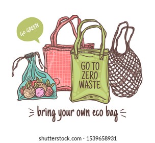 Trae tu propia ilustración vectorial de bolsa de tela ecológica. No hay basura en la tienda. Eco y seguir un estilo de vida verde. Dibujo lineal a mano de carteras reutilizables y de malla