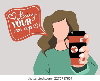 Bring your own mug and get a discount. Ecology save nature concept. Vector typography poster with a reusable cup in a hand. . Vector illustration