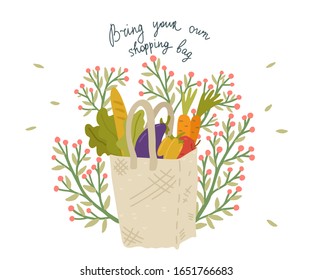 Bring your own shopping bag with food and vegetables. Zero waste element. Handwritten lettering. Go green concept. Eco style. Isolated on white background. Vector cartoon illustration