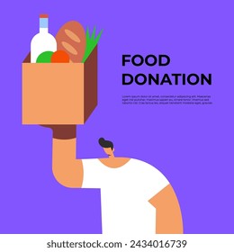 Bringing groceries to food bank. Volunteer Man holding a donation box with food. Awareness and charity concept. Flat vector illustration.