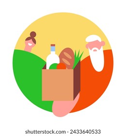 Bringing groceries to food bank. Volunteers Man and Women holding a donation box with food. Awareness and charity concept. Boxes for charity. Flat vector illustration.