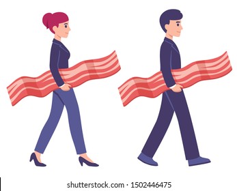 Bringing home the bacon concept illustration, man and woman in work suits carrying strip of bacon. Modern cartoon style vector art of business metaphor.