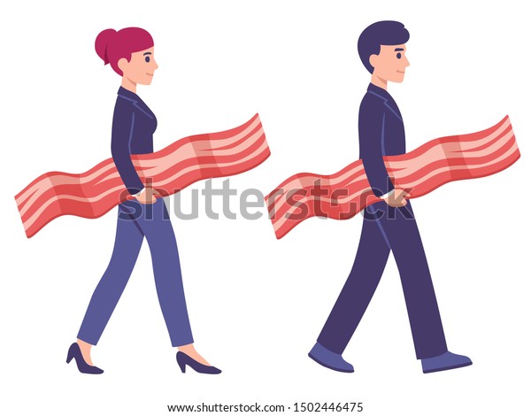 Bringing home the bacon concept illustration, man and woman in work suits carrying strip of bacon. Modern cartoon style vector art of business metaphor.