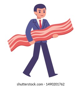 Bringing home the bacon, young businessman carrying strip of bacon. Cute cartoon style vector illustration of funny saying.