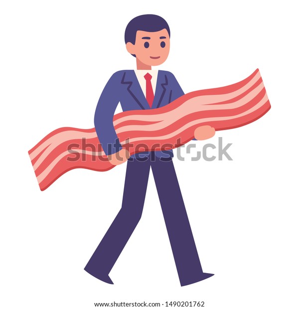 Bringing home the bacon, young businessman
carrying strip of bacon. Cute cartoon style vector illustration of
funny saying.
