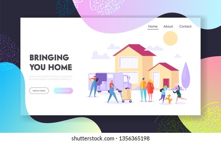 Bringing Home Landing Page. Supply Large Household Good by Package Delivery Truck from Manufacturer to Residential House. Courier Service Website or Web Page. Flat Cartoon Vector Illustration