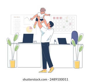 Bringing kid in office. Man holds his son in his arms. Manager at workplace with boy. Work and personal life. Parenthood and childhood. Linear vector illustration isolated on white background