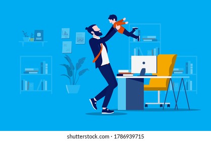 Bringing kids to office - Businessman getting a visit from his son child at work, playing around and having fun. Children in the workplace concept. Vector illustration.