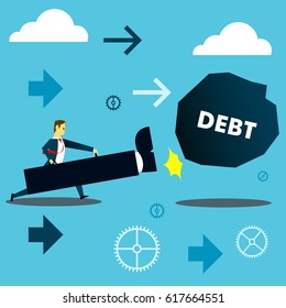 Bringing power. Businessman kicking the ball stone debt using a giant foot. Concept business vector illustration.