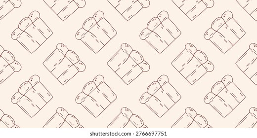Brioche bread loaf geometric seamless pattern, brown outline doodle flat retro style. Minimalist hand drawn vector for bakery wallpaper, wrapping paper, packaging, isolated on beige background