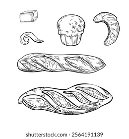 Brioche buns, baguette and croissant black white vector illustration on white. Assorted of French pastries and milk butter curl, piece in monochrome drawing by ink. Artisan rye loaf and bread sketch.