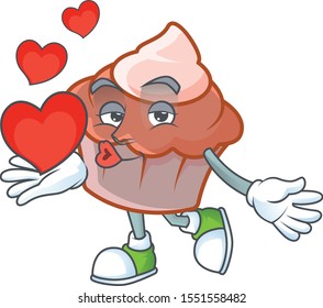 Brioche with cream with holding heart mascot on white background