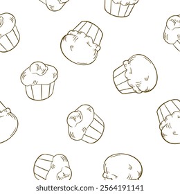 Brioche French buns black white vector seamless pattern isolated . Milk bread roll hand drawn monochrome linear. Butter sweet bun on repeated texture painted for wrapping paper, packaging, textile.