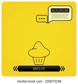 Brioche icon. Bread bun sign. Bakery symbol. Chat speech bubbles. Orange line background. Vector