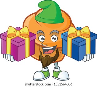 Brioche mascot with bring two gifts on white background