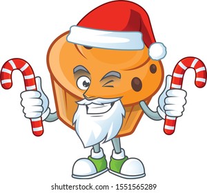 Brioche mascot with santa bring candy on white background