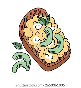 Brioche with scrambled egg and avocado slices, healthy breakfast doodle style, avocado toast