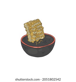 Briquette of instant noodles or indomie in bowl with hot water. Step of recipe for cooking instant noodles, cartoon vector illustration isolated on white background.
