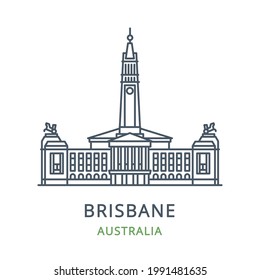 Brisbane City, Australia. Line Icon Of The Famous And Largest City In New Queensland. Outline Icon For Web, Mobile, And Infographics. Landmark And Famous Building. Vector Illustration, White Isolated